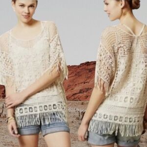 Anthropologie Bohemian Festival Hippie crochet fringe cream Topper Sayilita  M/L